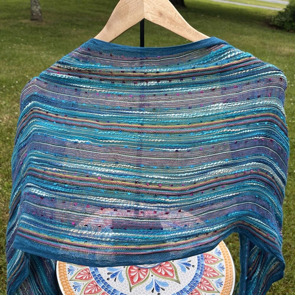 Boho Blue Teal Metallic Fringe Scarf Wrap Shawl Festival Hippie Lightweight